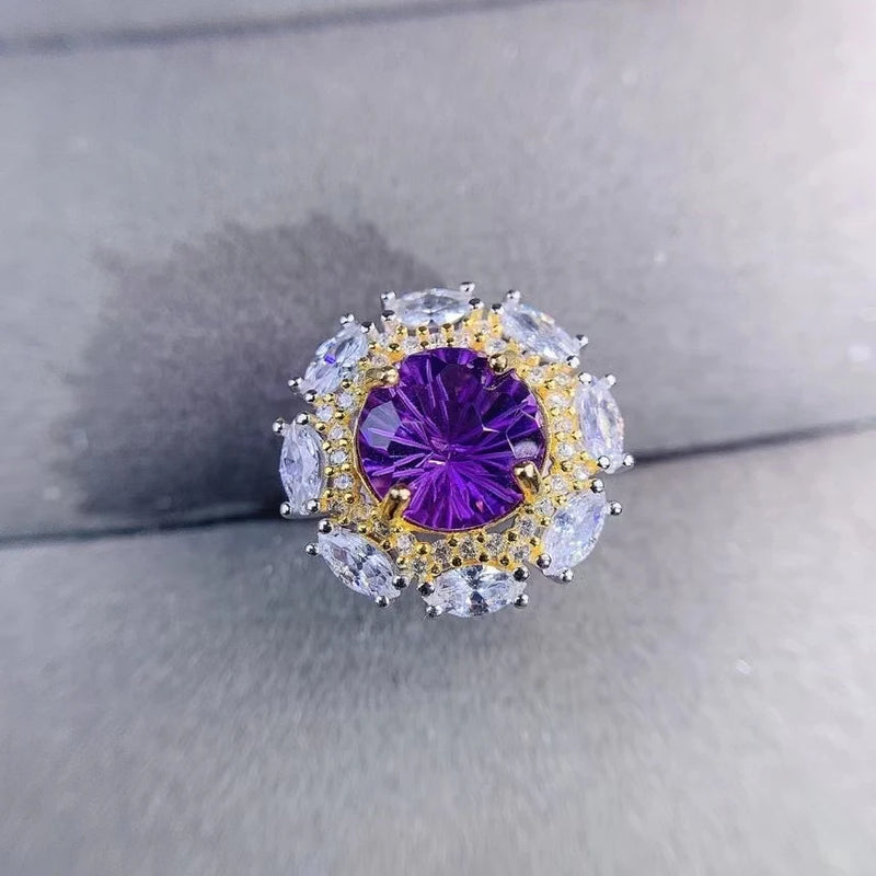 925 Sterling Silver Amethyst Flower Ring for Women