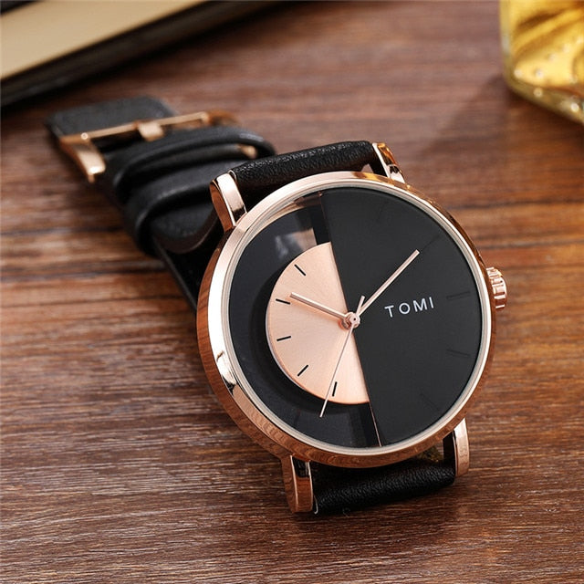 Stainless Steel Leather Half Transparent Unisex Watch