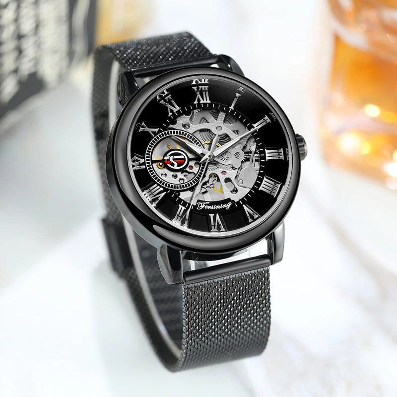 Stainless Steel Skeleton Mechanical Wristwatch for Men