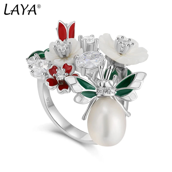 Sterling Silver Natural Pearl Shell Flower Leaf Enamel Ring for Women