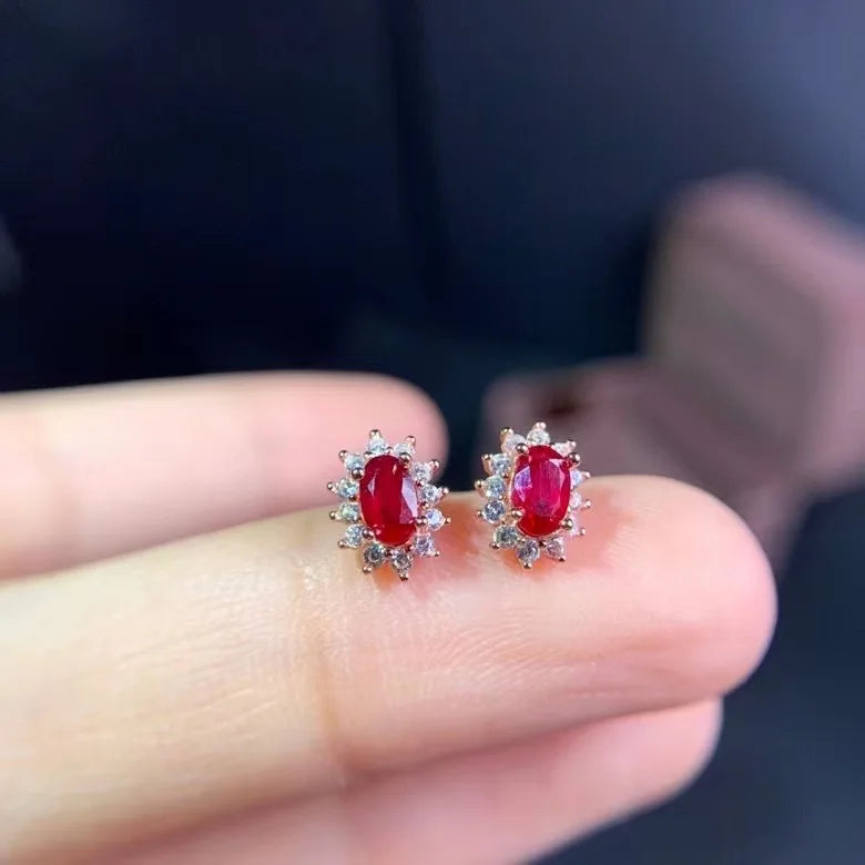 Sterling Silver Natural Ruby Stud Earrings for Women