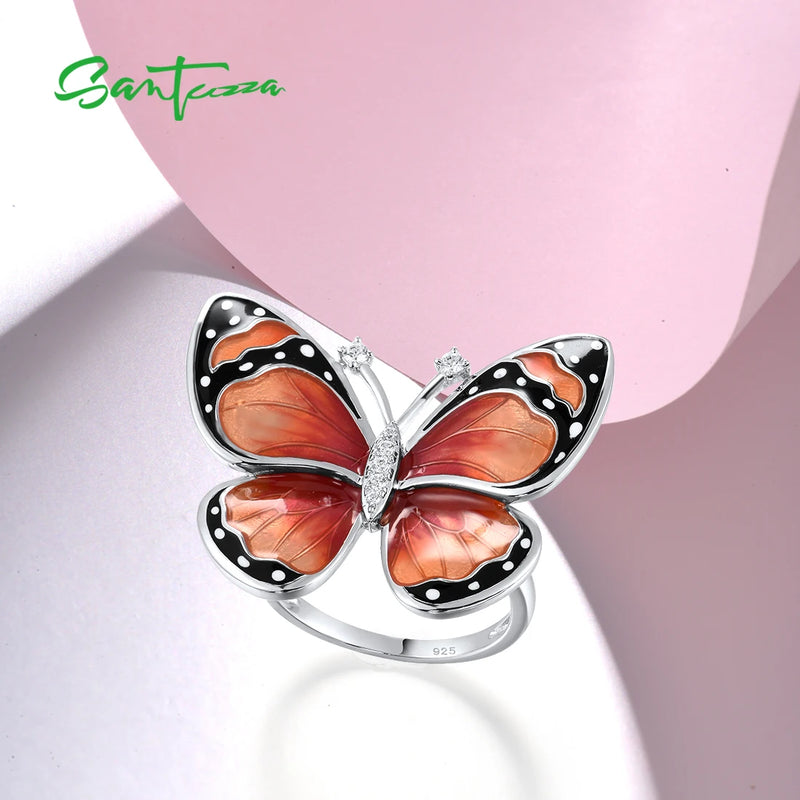 Sterling Silver White CZ Coral Enamel Butterfly Ring For Women