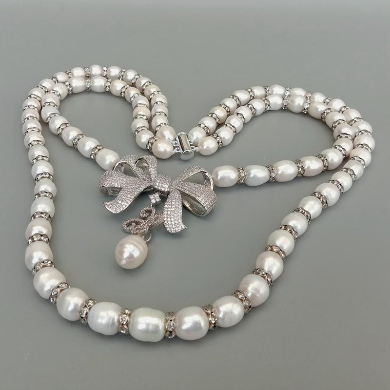 Silver Freshwater Cultured White Rice Pearl Necklace with Bowknot Pendant for Women
