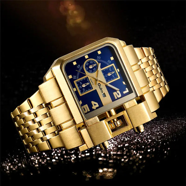 Stainless Steel Large Dial Luxury Men's Watch with Auto Date and Golden Clock.