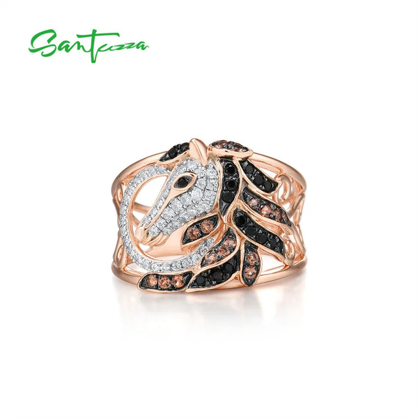 925 Sterling Silver Rose Gold Tone Black Brown Horse Hollow Ring for Women