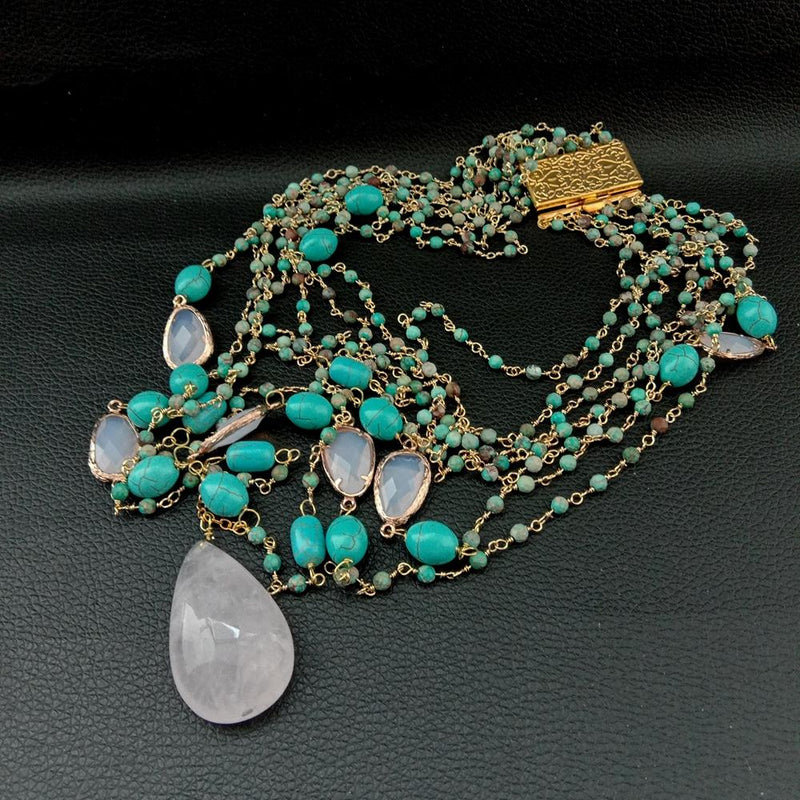 Silver Sea Sediment Jaspers 7 Carat Necklace with Rose Crystal Pendant for Women