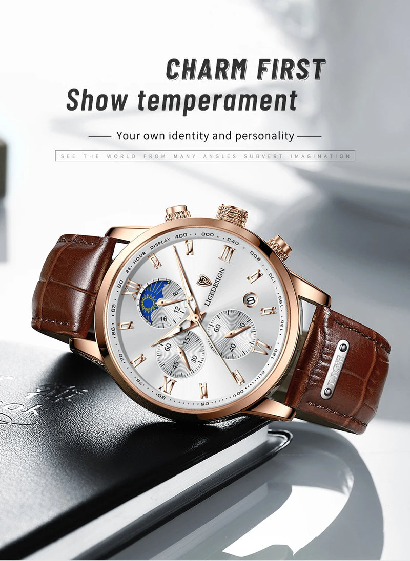 Luxury Men's Fashion Watch with Leather Strap and Waterproof Chronograph Features