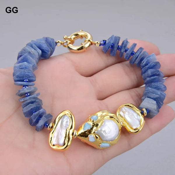 Sterling Silver Natural Blue Kyanite, White Cultured Pearl, and Blue Larimar Rondelle Bracelet for Women