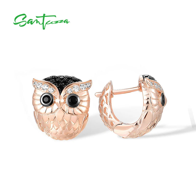 925 Sterling Silver Black Spinel & White CZ Owl Earrings for Women