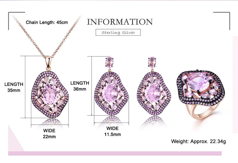 925 Sterling Silver Oval Nano Pink Moganite Pendant Necklace Earrings Set for Women