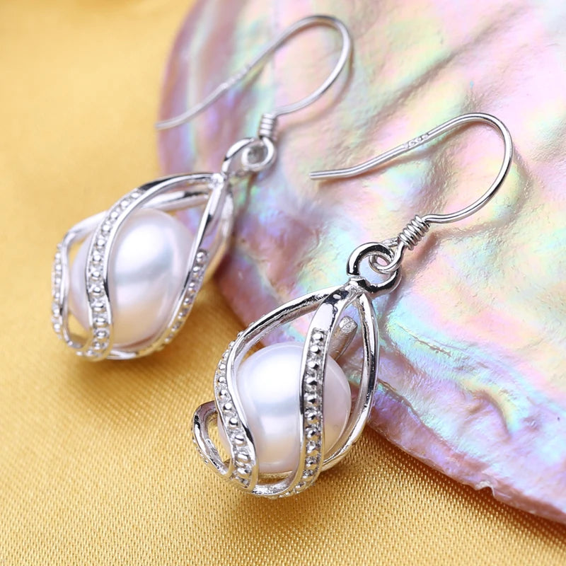 Sterling Silver Natural Pearl Earrings, Pendant Necklace & Ring Set for Women