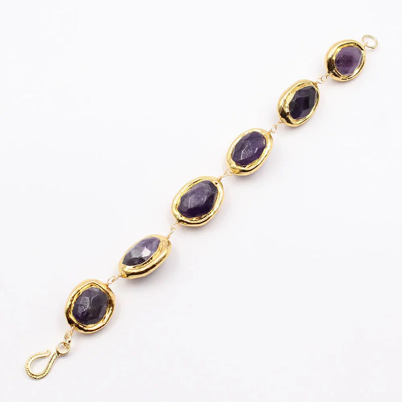 Gold Plated Purple Amethyst Oval Egg Bracelet for Women