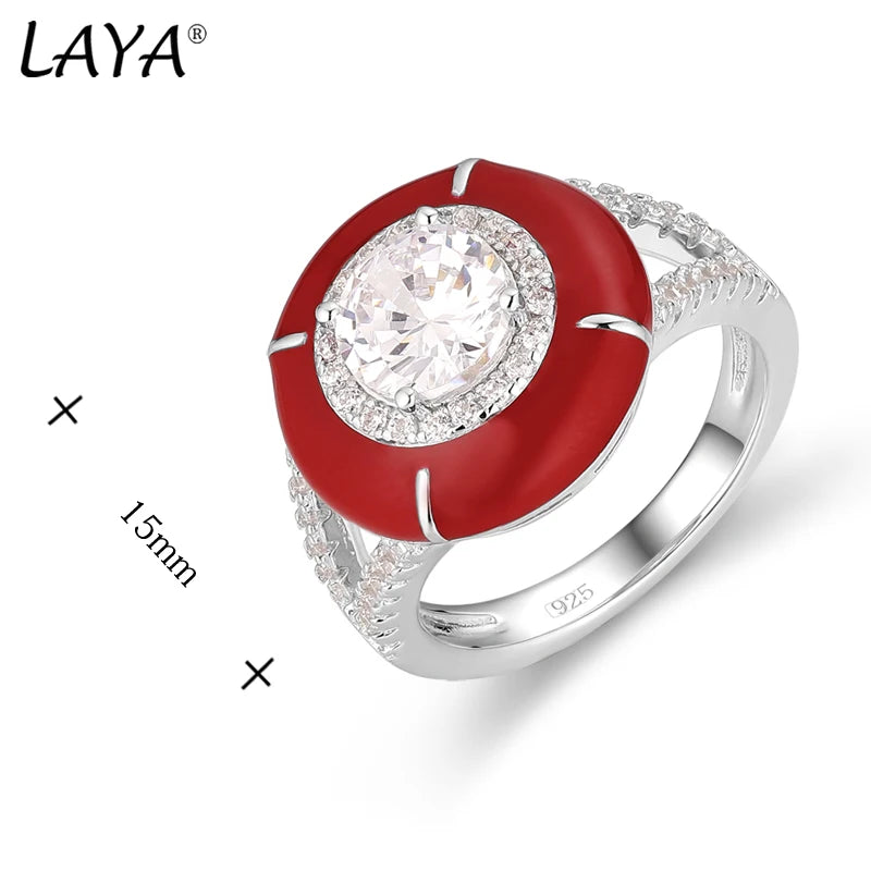 Sterling Silver Red Enamel Ring with Zircon for Women