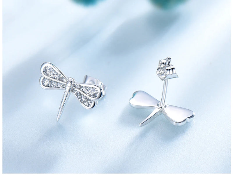 Sterling Silver White Zircon Dragonfly Stud Earrings for Women