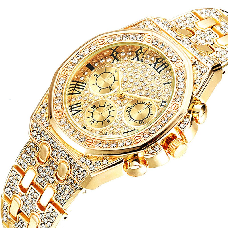 Gold Iced Out Quartz Wristwatch for Men