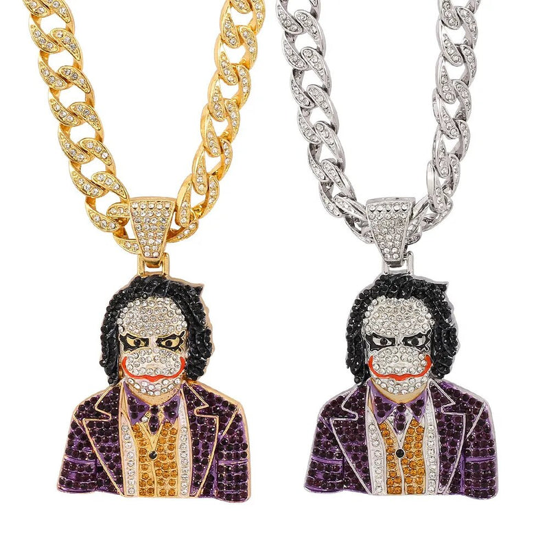 Cuban Link Chain Necklace with Iced Out Clown Pendant for Men and Women