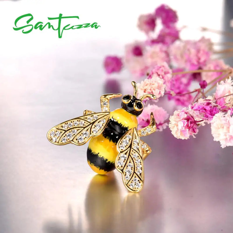 925 Sterling Silver Yellow Gold Enamel Bee Brooch for Women