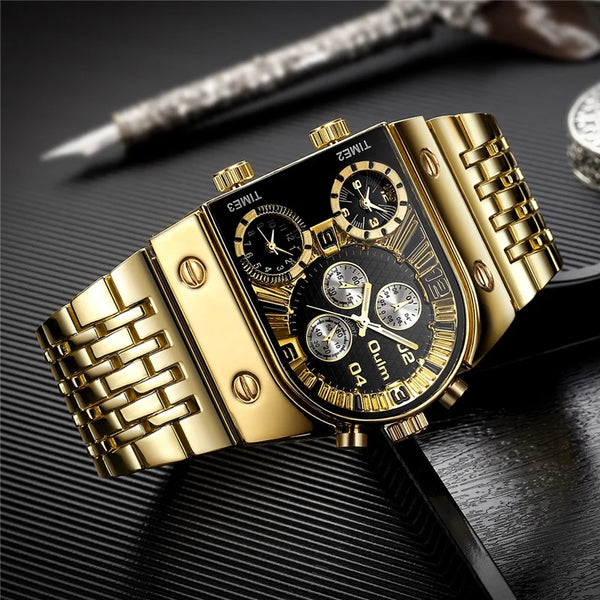 Multifunctional Large Dial Luminous Men's Watch with Gold Steel Belt and Multi-Time Zone Quartz Movement