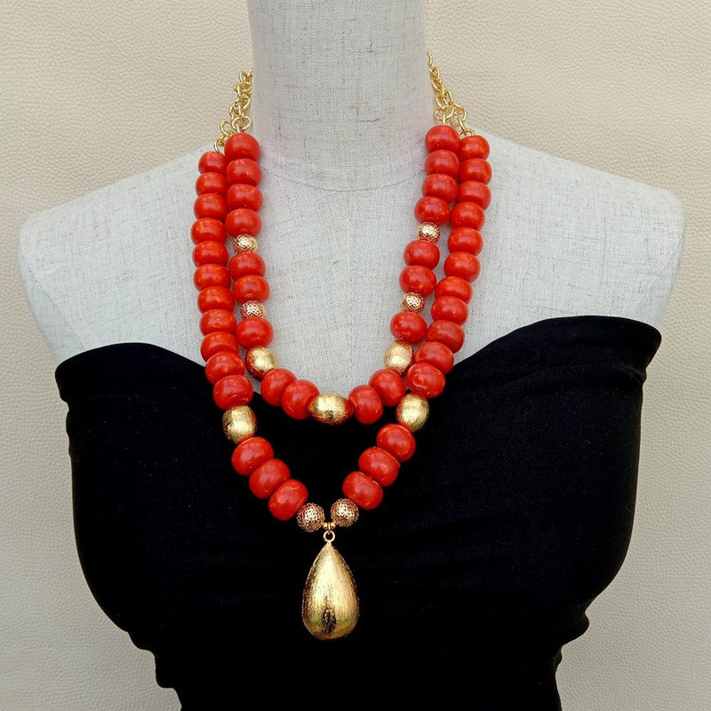 Gold Plated Faux Coral Rondelle Pendant Necklace, 21" gender-neutral