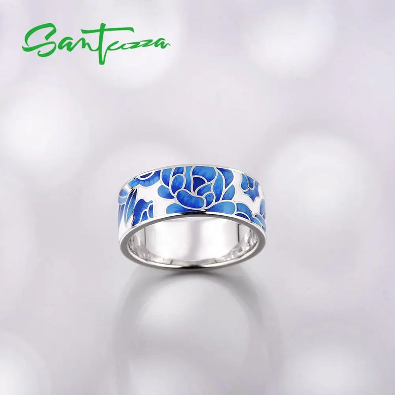 Sterling Silver Blue Flower Enamel Rings for Women