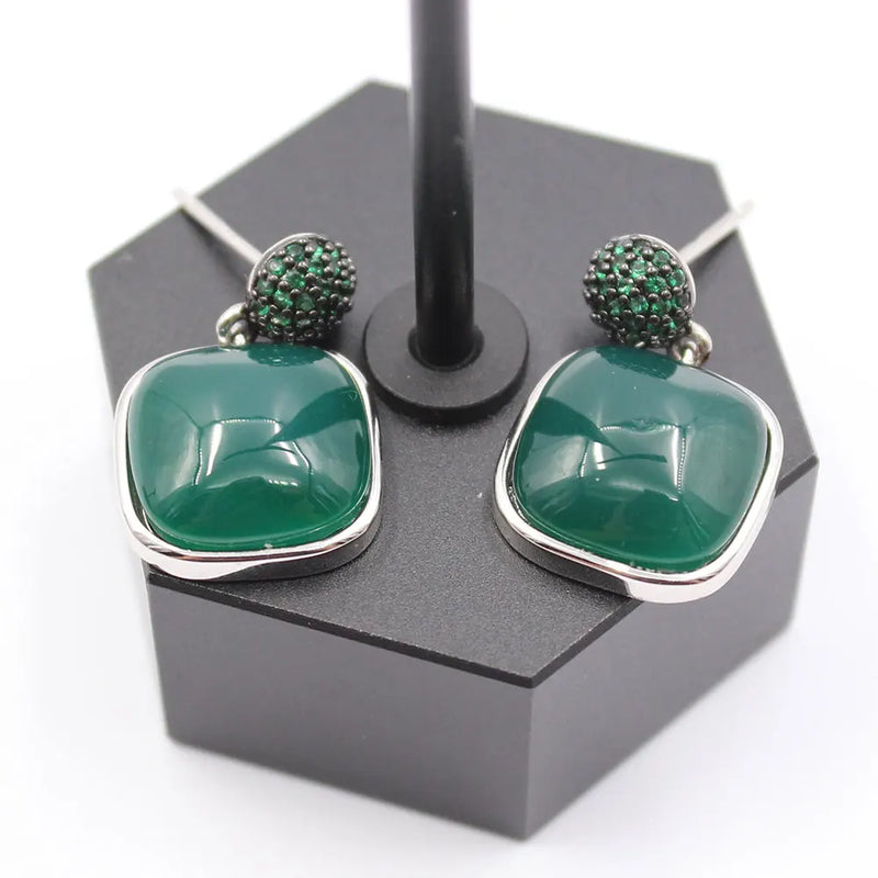 925 Silver Green Agate Stud Earrings with CZ for Women