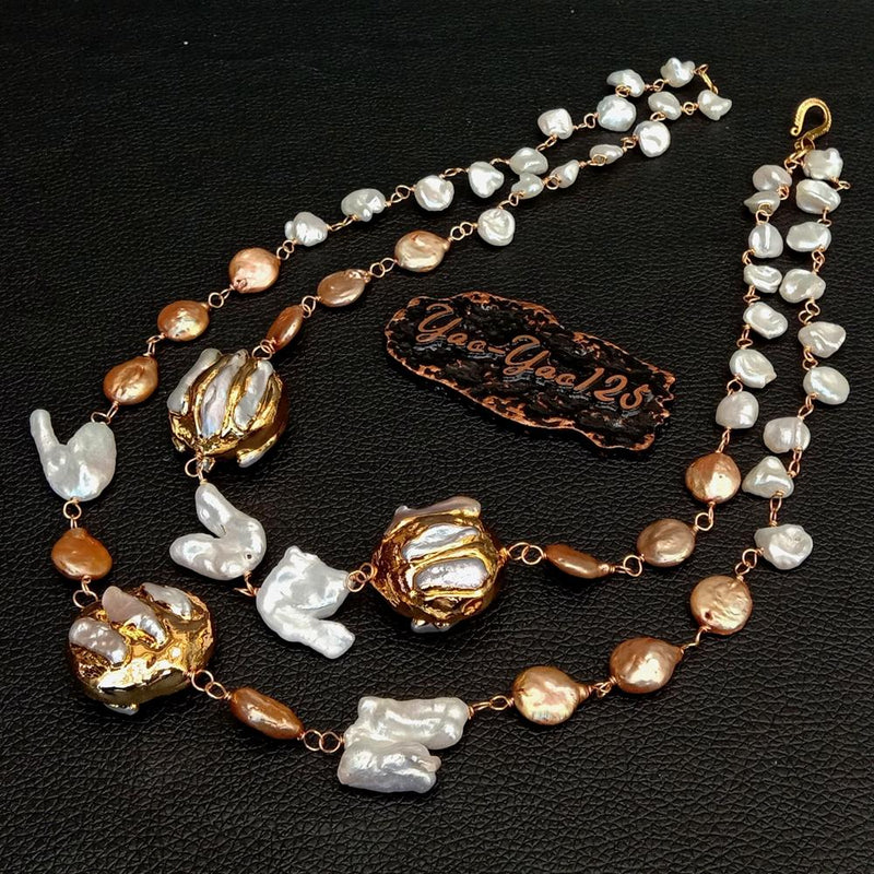 20\" Cultured white keshi pearl champagne coin pearl 24 K Yellow Gold color Plated Pearl statement Necklace party women