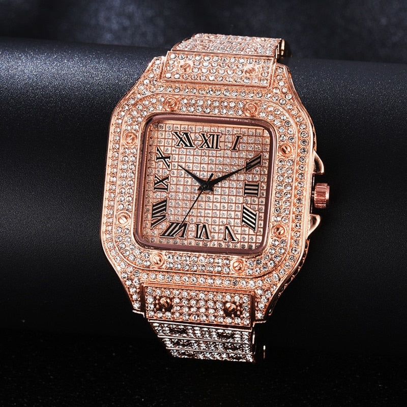 Luxury Gold Iced Out Rhinestone Square Quartz Watch for Unisex