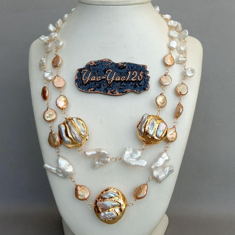 20\" Cultured white keshi pearl champagne coin pearl 24 K Yellow Gold color Plated Pearl statement Necklace party women