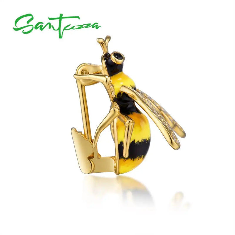 925 Sterling Silver Yellow Gold Enamel Bee Brooch for Women