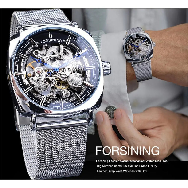 Silver Skeleton Automatic Watch for Men