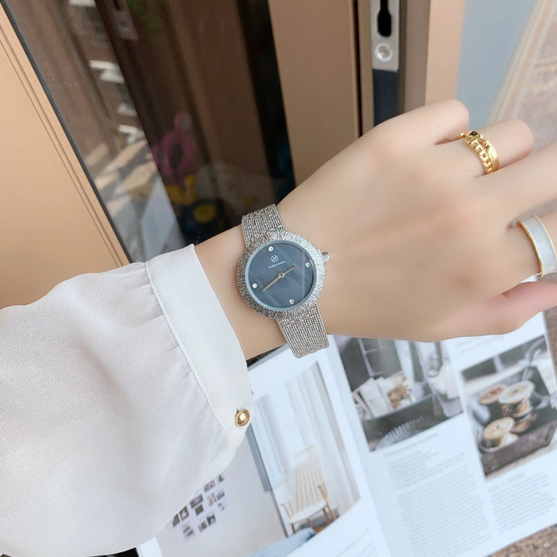 Women's Green Textured Watch with Silver Mesh Band and Japan Movement - Fashionable, Casual Style, High Quality.