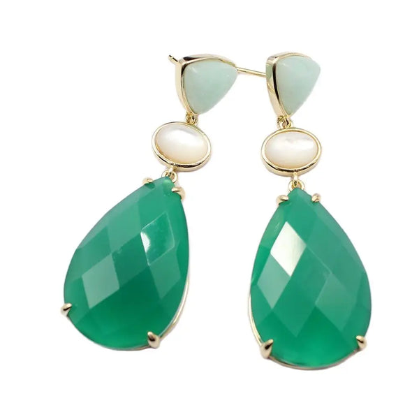 Sterling Silver Natural White Shell Aventurine Green Agate Teardrop Dangle Stud Earrings for Women