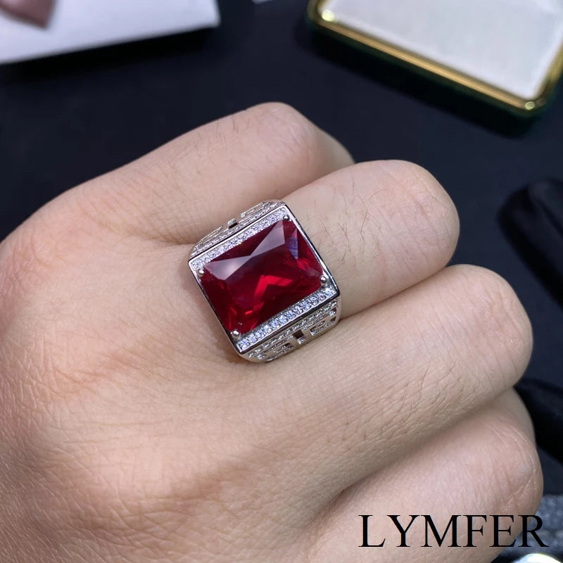 925 Sterling Silver Ruby Ring with Square Gem, Beautiful Color for Men