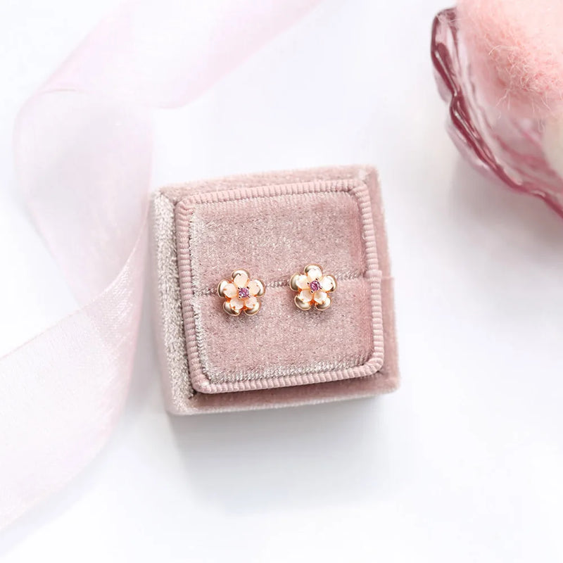 925 Silver & 18K Rose Gold Plated Pink Shell Mini Flower Stud Earrings for Women