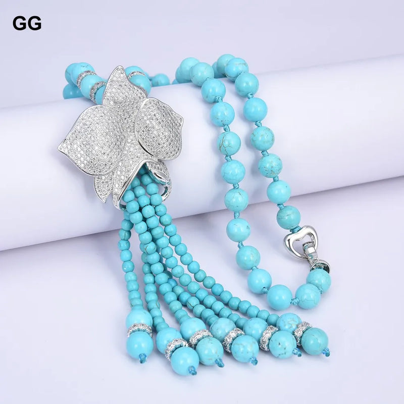 Sterling Silver Blue Turquoise Cubic Zirconia Flower Tassel Set For Women