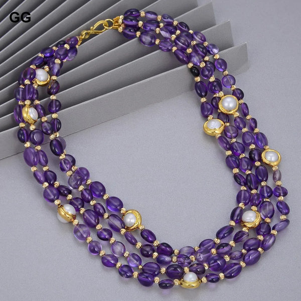 Silver 4 Strands Natural Purple Amethyst Rough with Electroplated Edge Natural White Pearl Necklace 18 inches for Women