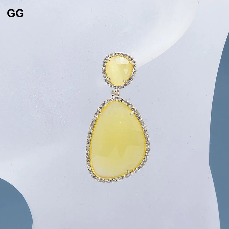 Gold-plated Natural Yellow Cat Eye Oval Shape CZ Pave Dangle Stud Earrings for Women