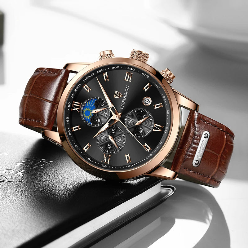 Luxury Men's Fashion Watch with Leather Strap and Waterproof Chronograph Features