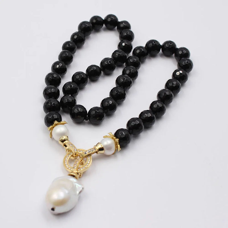 Silver Natural Black Onyx and White Keshi Pearl Necklace for Women