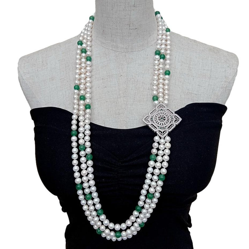 Y.YING 3 Strands Freshwater Cultured White Pearl Green Jade Cz Pave Pendant Necklace lady jewelry 32\" -34\"