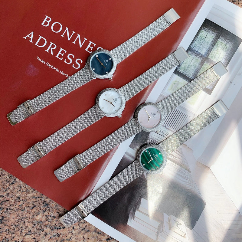 Women's Green Textured Watch with Silver Mesh Band and Japan Movement - Fashionable, Casual Style, High Quality.