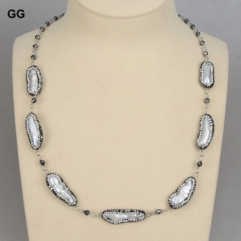 GG Natural White Biwa Keshi Pearl Black Marcasite Faceted Round Hematite Necklace For Women