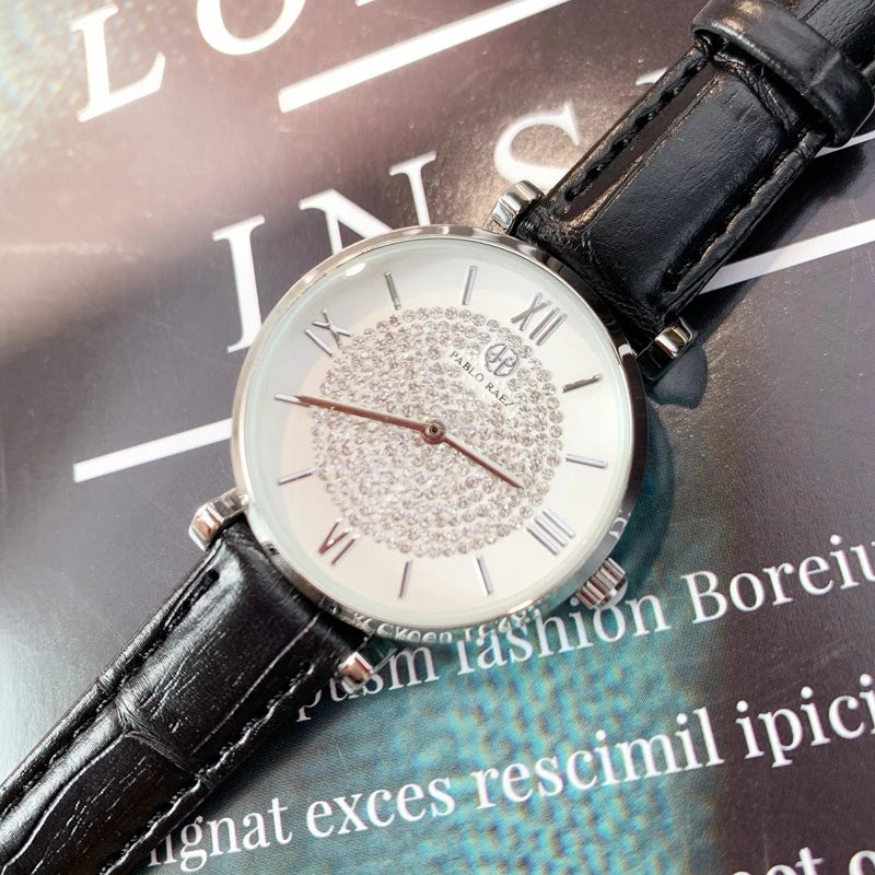 Luxury Full Diamond Casual Model Lady's Wristwatch with Quartz Movement and Leather Band.