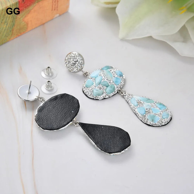 Sterling Silver Natural Blue Larimar Crystal Dangle Stud Earrings for Women