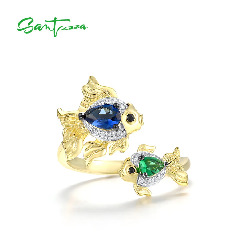 925 Sterling Silver Sparkling Blue Green Stones White CZ Fish Ring for Women