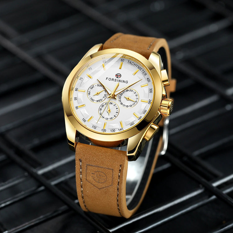 Gold Alloy Simple Hollow Three Eyes Six Pin Mechanical Watch with Brown Leather Strap for Men