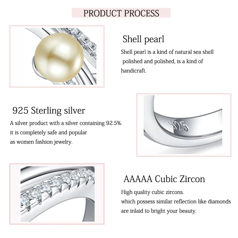 925 Sterling Silver Shell Pearl Moon Ring with Cubic Zirconia for Women