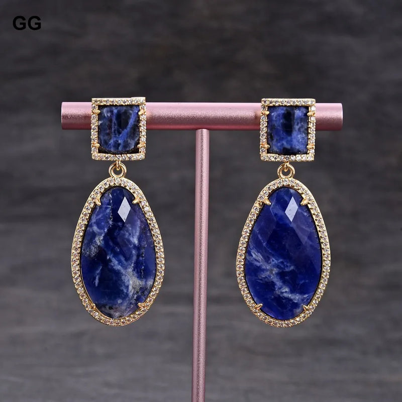 18K Gold Plated Sodalite Blue Druzy Dangle Stud Earrings for Women