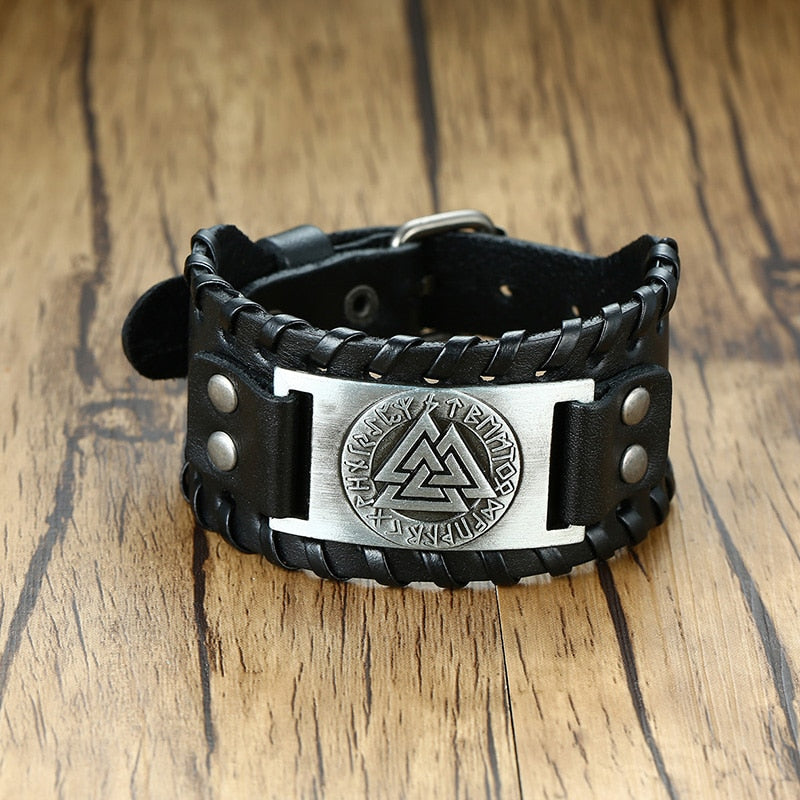 Leather Wolf Viking Compass Charm Bracelet for Men