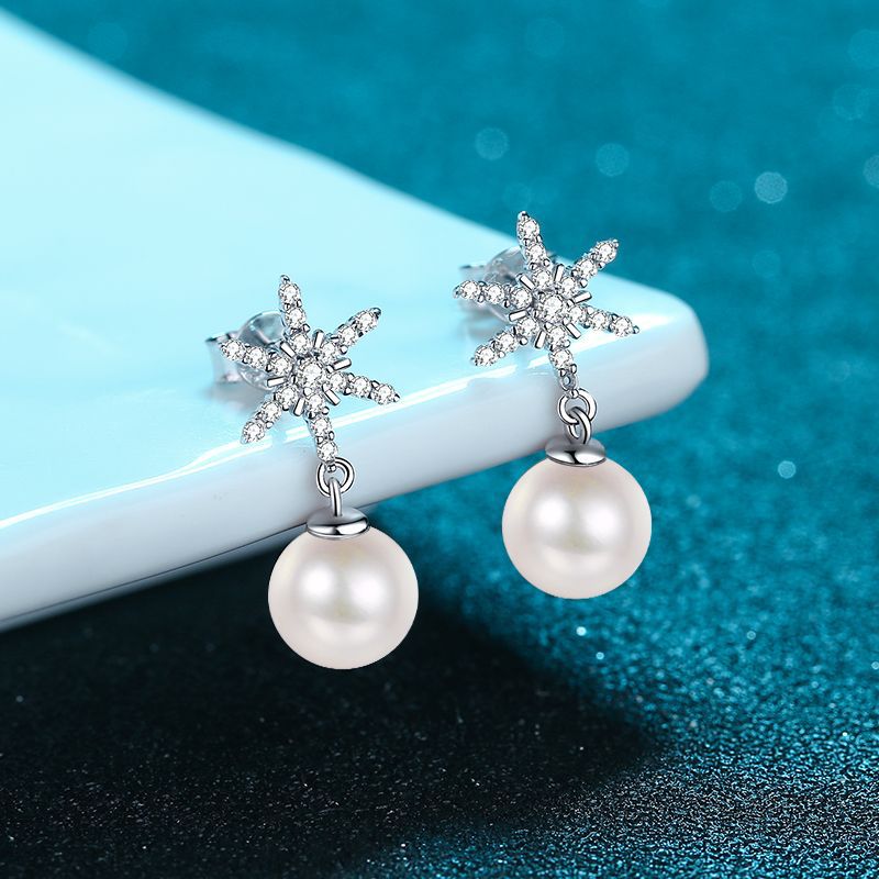 Sterling Silver Diamond & Moissanite & Pearl Drop Earrings for Women